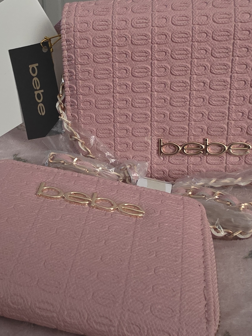 bebe Pink Quilted Chain Crossbody Bag with Matching Wallet